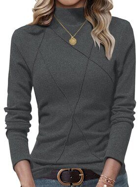 Women's Grey Mock Turtleneck Long Sleeve Stitching Layering Slim Fit Tunic Top